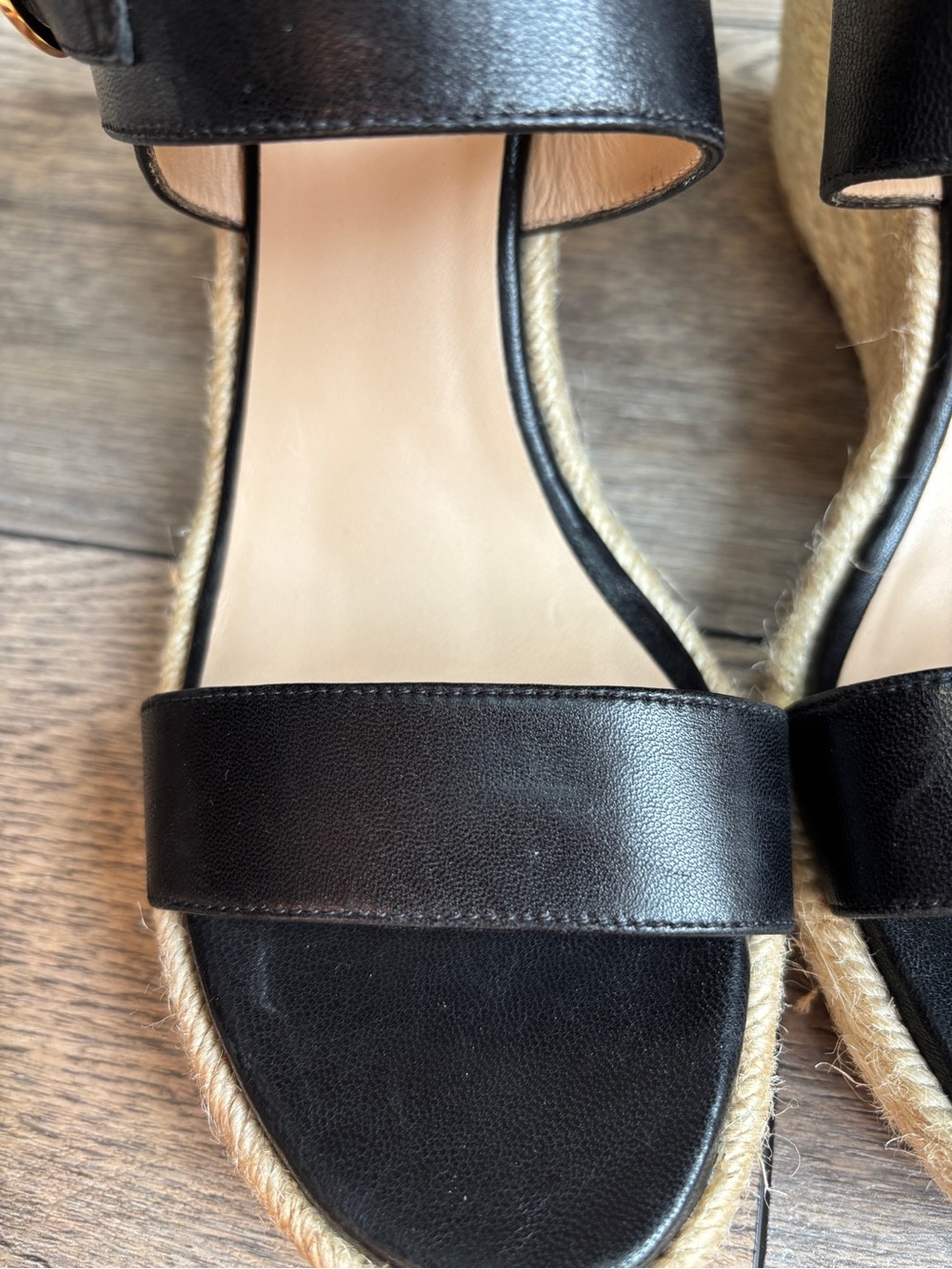 Stuart Weitzman Lexia Espadrille Leather Ankle Strap Black Wedge Sandal Sz 8 - Picture 4 of 16